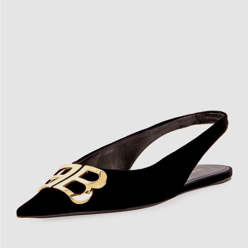 Balenciaga Black Velvet BB Knife Slingback Flats Shoes Pointy Toe. Size 39